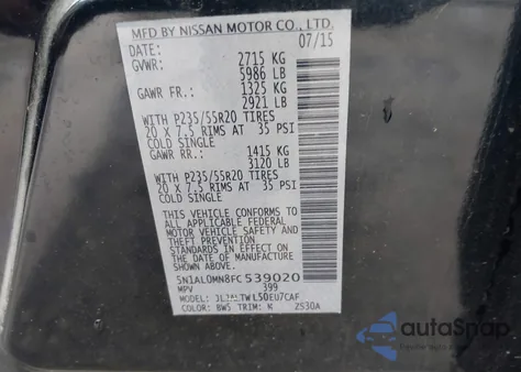 2015 Infiniti Qx60 z USA, uszkodzony, nr VIN 5N1AL0MN8FC539020